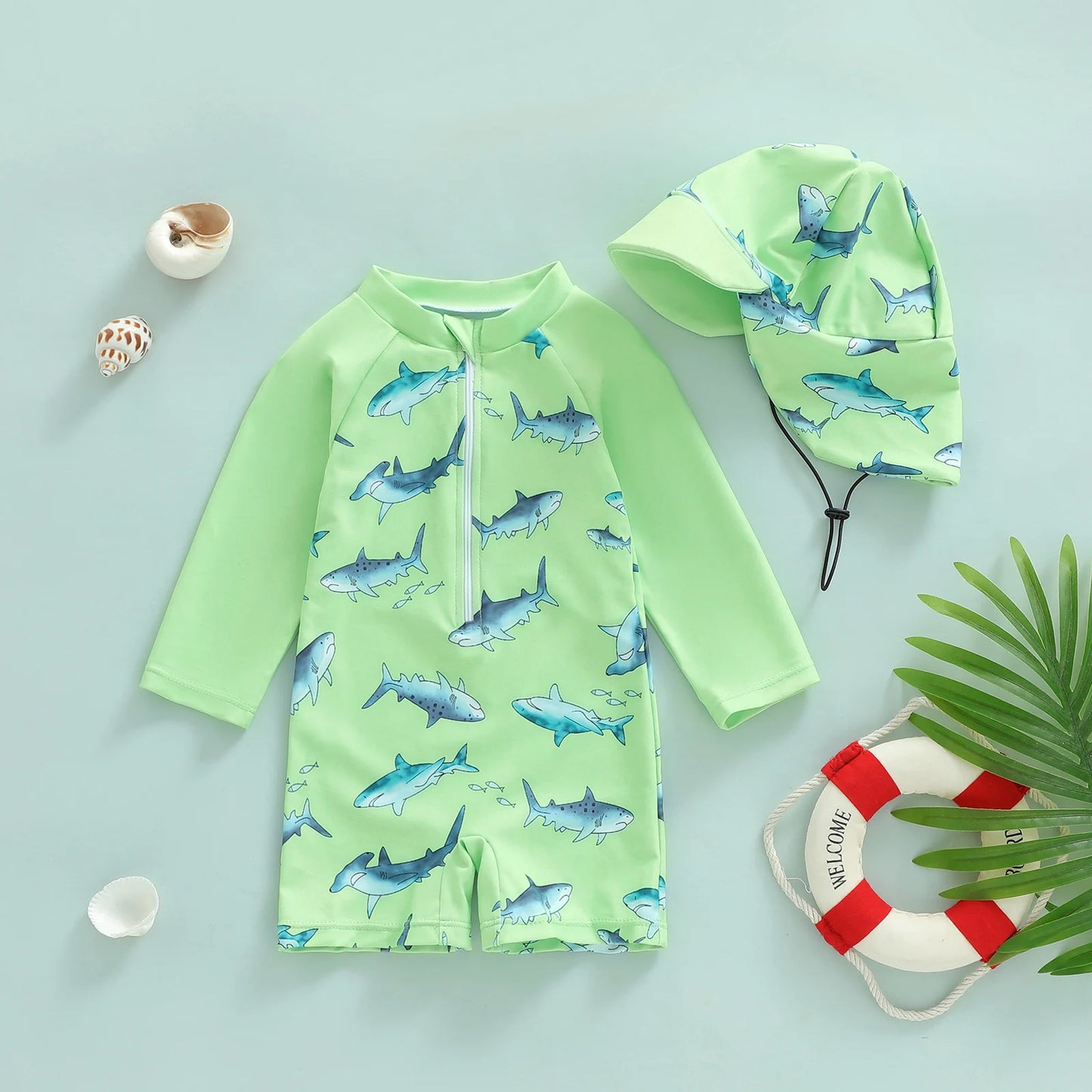 Baby Toddler Boys 2Pcs Casual Shark Print Zipper Long Sleeve Bathing Suit Romper with Swim Cap Set