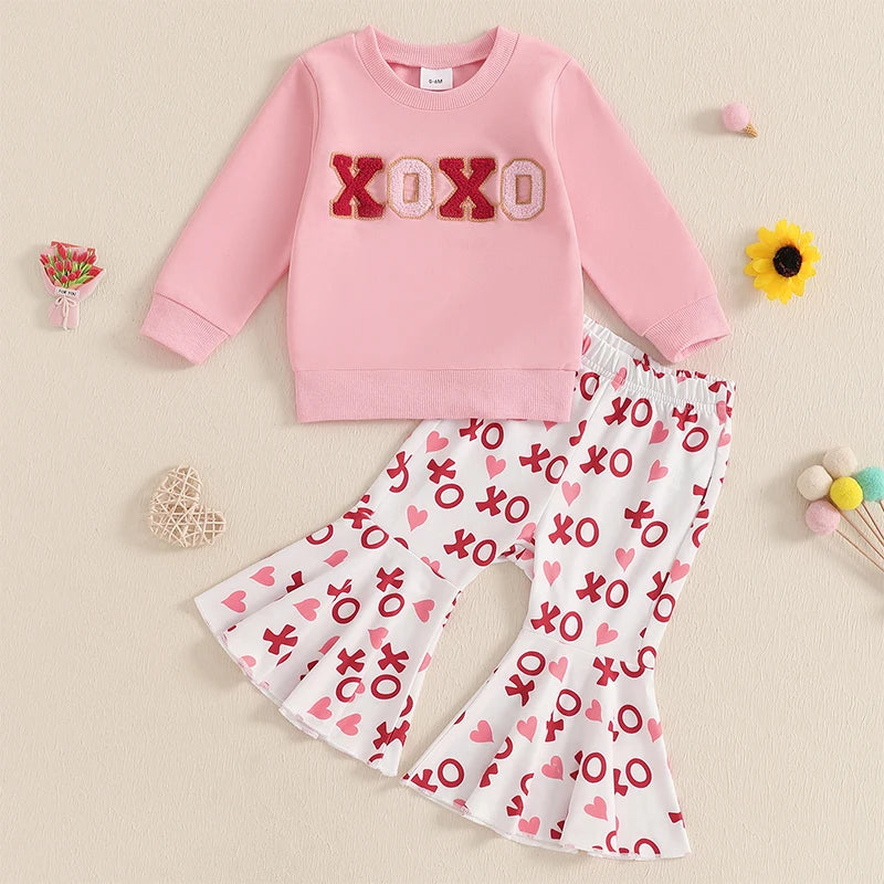 Baby Toddler Girls 2Pcs XOXO Valentine's Day Outfit Letter Embroidery Long Sleeve Crewneck Top with Heart Pattern Flare Pants Valentines Set