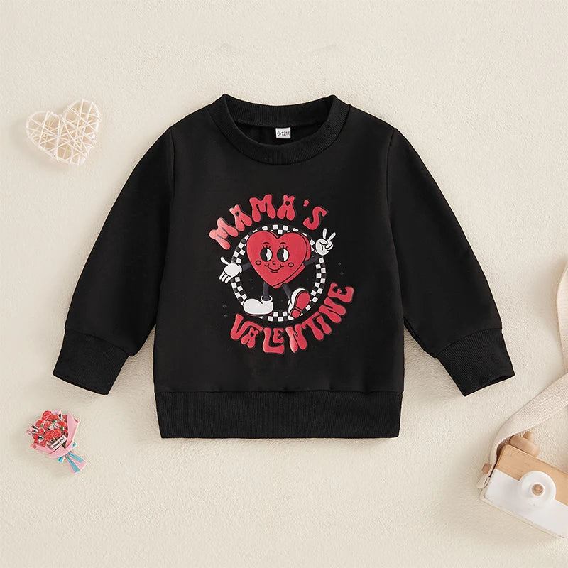 Baby Toddler Boys Mama's Valentine Valentine's Day Letter Heart Print Long Sleeve Round Neck Pullover Valentines Top