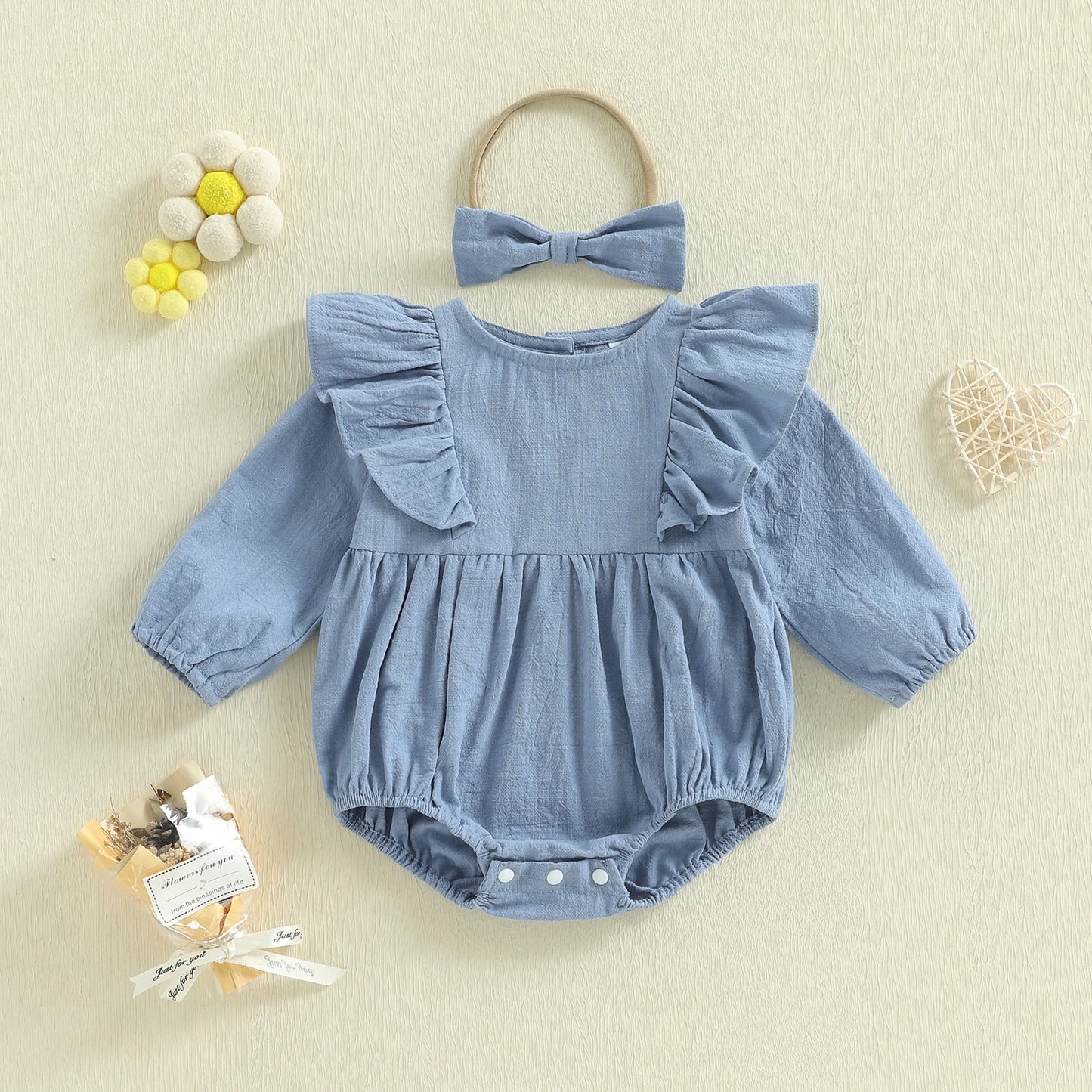 Baby Girl 2Pcs Spring Romper Solid Color Long Sleeves Round Neck Ruffled Bodysuit and Matching Bow Headband Set