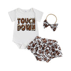 Baby Girls 3Pcs Touch Down Outfit Football Letter Print Romper Skirted Shorts Skort and Headband Bow Set