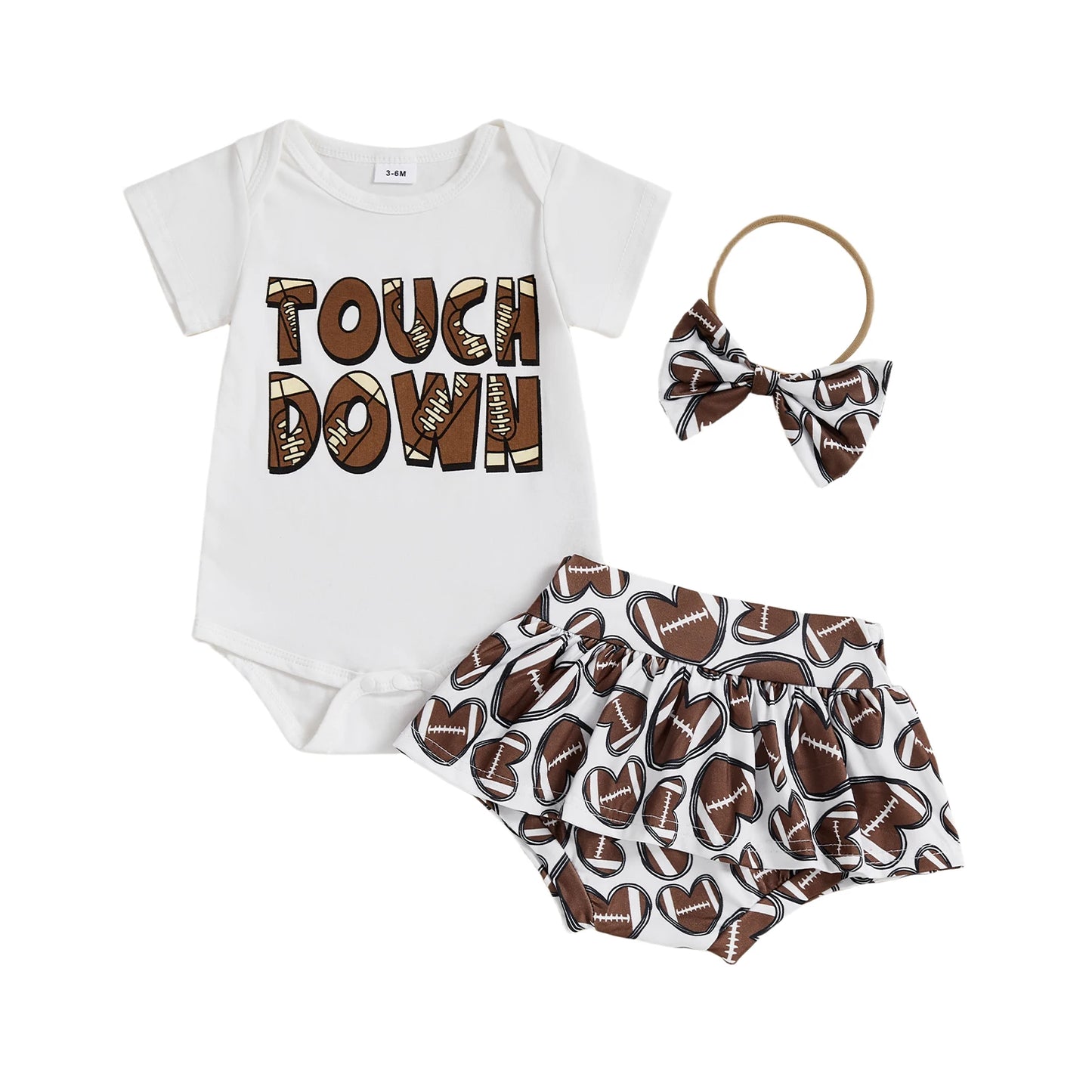 Baby Girls 3Pcs Touch Down Outfit Football Letter Print Romper Skirted Shorts Skort and Headband Bow Set