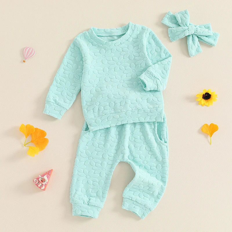 Baby Toddler Girls 3Pcs Fall Outfit Daisy Flower Embroidery Long Sleeve Top with Elastic Waist Pants Headband Set