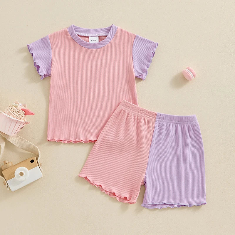 Baby Toddler Girls 2Pcs Contrast Color Short Sleeve Crew Neck Top Frilly Sleeves with Shorts Summer Outfit Set