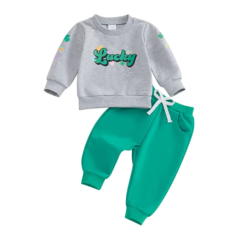 Baby Toddler Girls Boys 2Pcs Be Mine / Lucky Valentine's Day & St. Patrick's Day Outfit Letter Print Long Sleeve O-Neck Top with Solid Long Pants Valentines Jogger Set