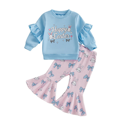Baby Toddler Girls 2Pcs Happy Easter Outfit Bunny Bow Print Ruffled Trim Crew Neck Long Sleeve Top and Bell Bottoms Set
