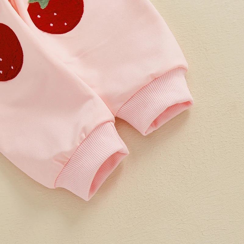 Baby Toddler Girls 2Pcs Jogger Set Long Sleeve Crew Neck Strawberry Print/Floral Flower Embroidery Top Pants Outfit