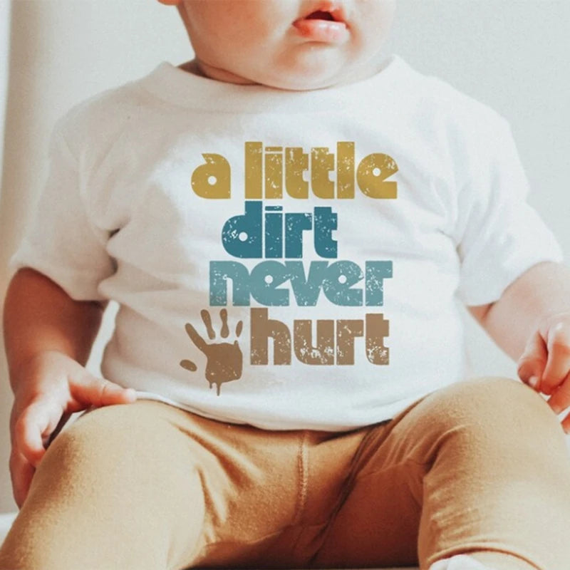 Baby Boys 2Pcs A Little Dirt Never Hurt Outfit Long Sleeve Letter Palm Hand Letter Tractor Print Romper Solid Color Pants Set