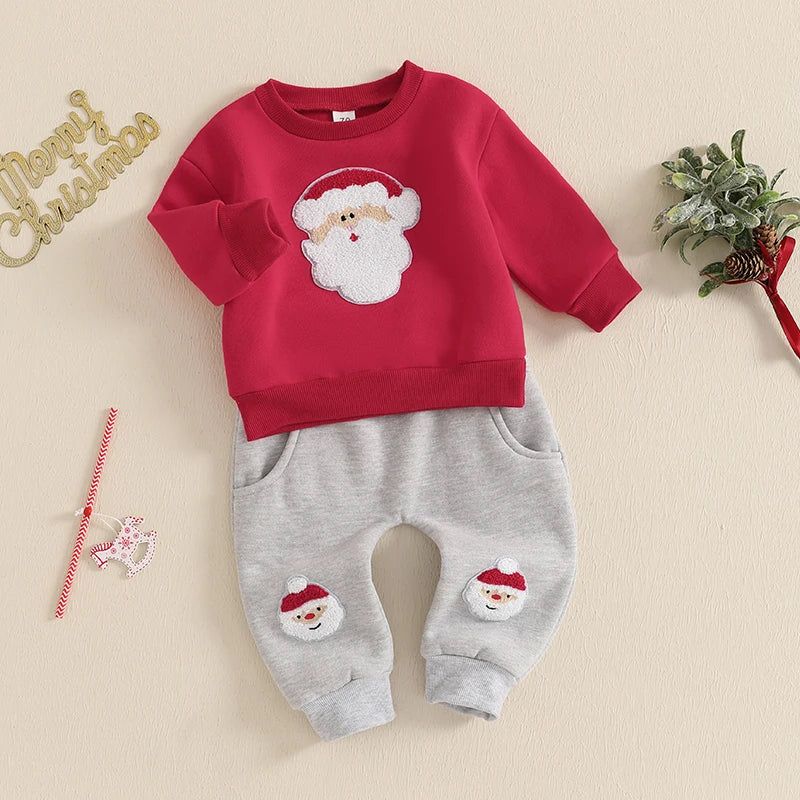 Baby Toddler Boys 2Pcs Christmas Outfit Long Sleeve Santa Embroidery Top and Pocket Pants Jogger Set