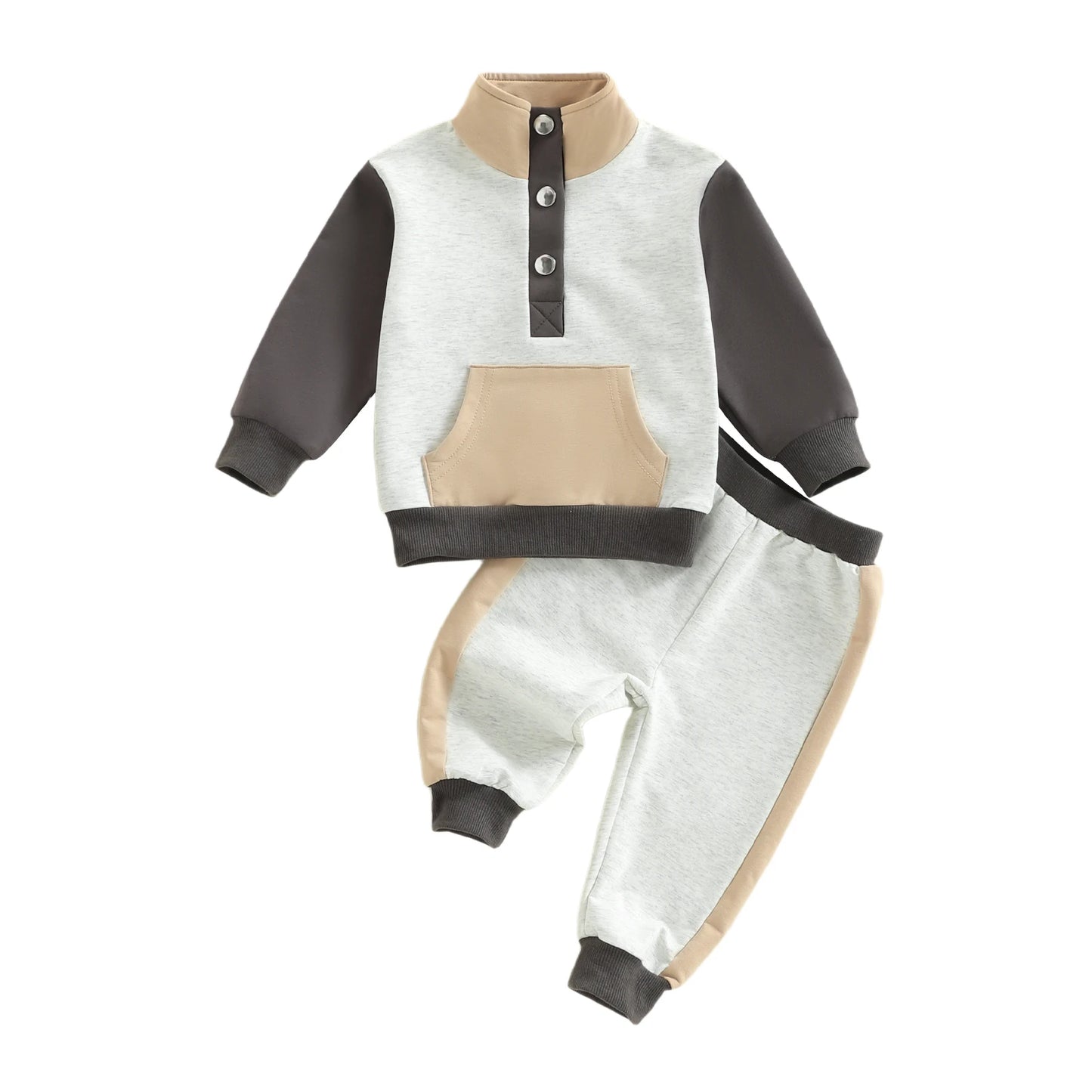 Baby Toddler Boys Girls 2Pcs Clothing Jogger Set Contrast Color Long Sleeve Collar Quarter Button Up Pullover with Pants Outfit