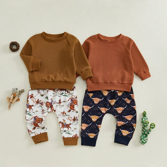 Baby Toddler Boys 2Pcs Fall Western Outfit Solid Long Sleeve Pullover Crewneck Top Cattle Cow Cowboy Horse Print Elastic Waist Pants Jogger Set