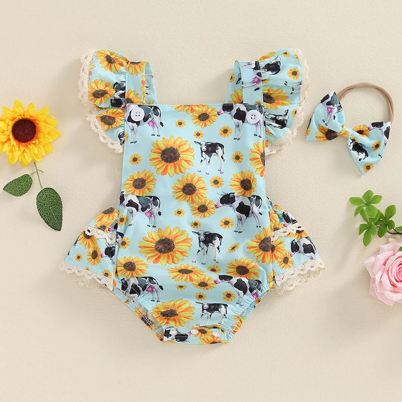 Baby Girl 2Pcs Summer Jumpsuit Farm Cow Horse Sunflower Flower Print Lace Trim Romper and Headband Bow Set