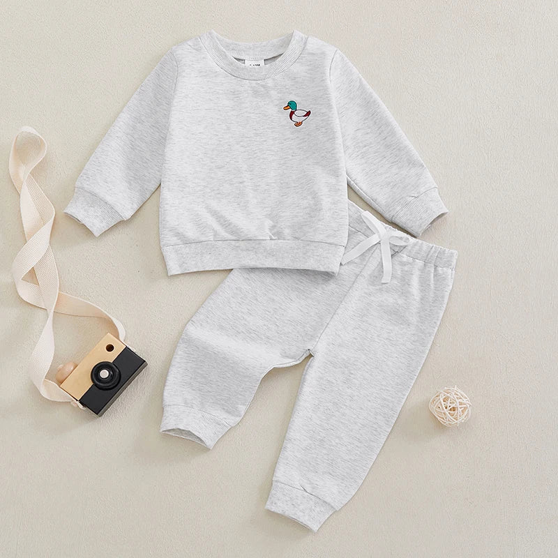 Baby Toddler Girl Boy 2Pcs Outfit Duck Embroidery Long Sleeve Crew Neck Top with Elastic Waist Pants Jogger Set