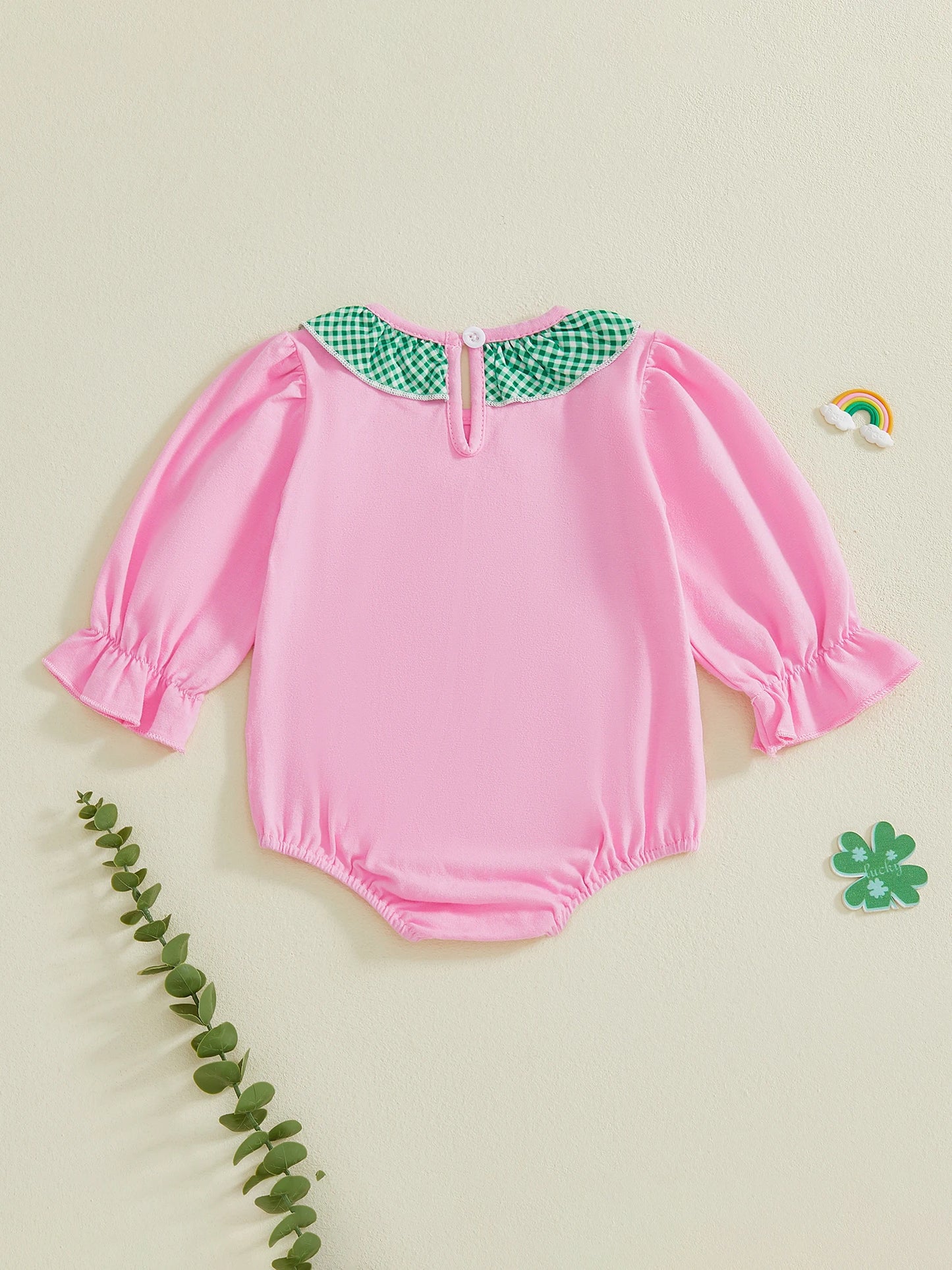 Baby Girls Romper Long Sleeve Round Neck Shamrock Embroidery Jumpsuit for St. Patrick's Day