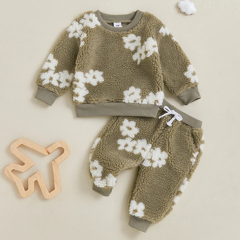 Baby Toddler Girls 2Pcs Fall Outfit Floral Flowers Pattern Fuzzy Long Sleeve Top and Elastic Pants Set