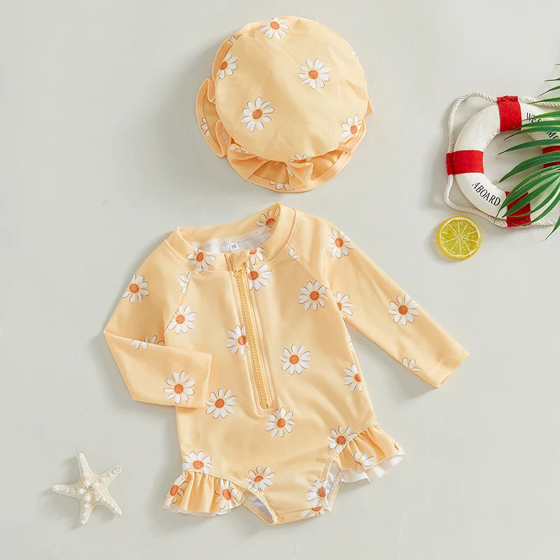 Baby Toddler Girls 2Pcs Swimsuit Daisy Flower Print Long Sleeve Round Neck Swimwear Front Zipper Bathing Suit and Hat Set