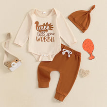 Load image into Gallery viewer, Baby Boys Girls 3Pcs Gobble Till You Wobble Thanksgiving Set Turkey Letter Print Long Sleeve Round Neck Romper Long Pants Hat Outfit
