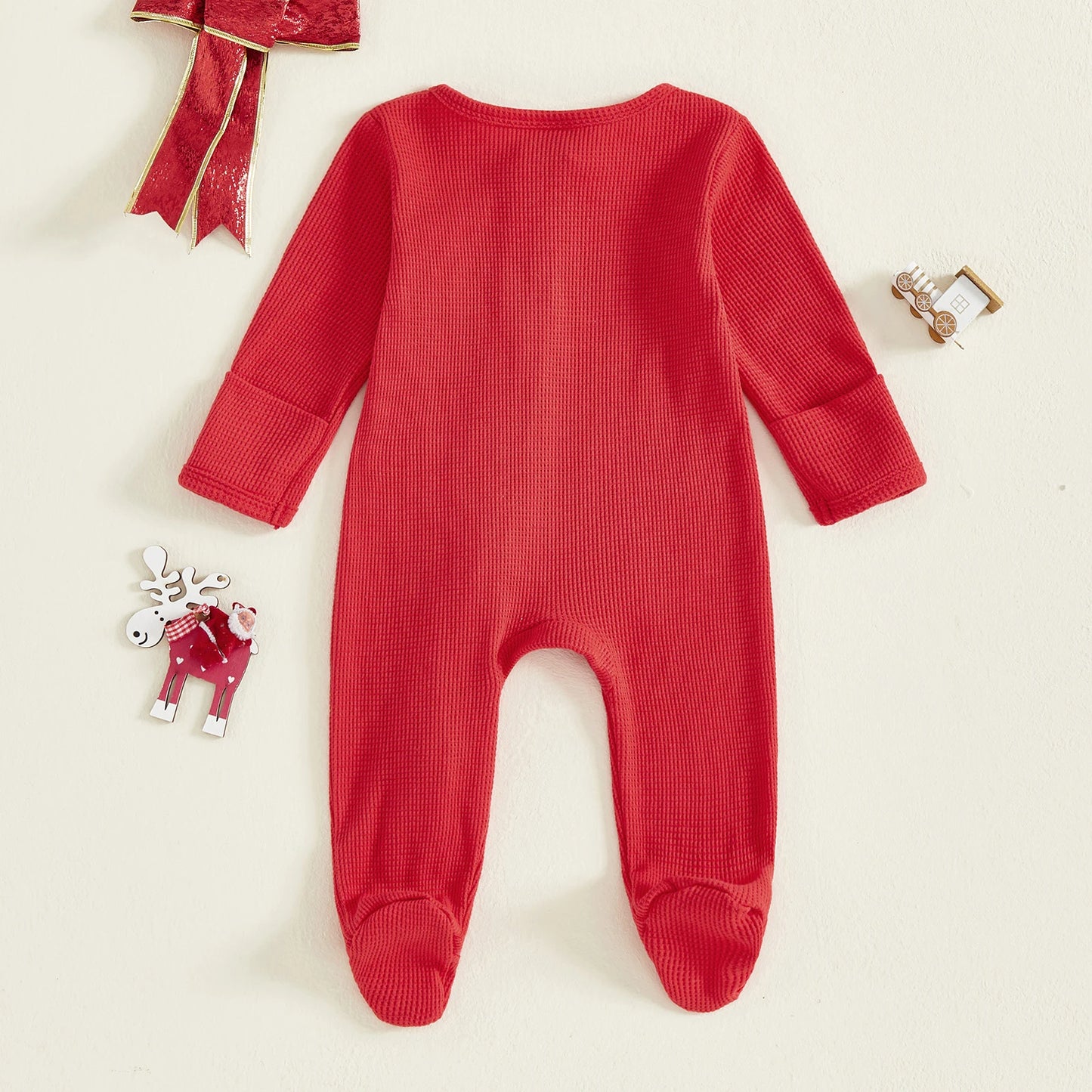 Baby Boys Girls Christmas Footies Long Sleeve Crew Neck Zip-up Embroidery Santa Claus Winter Jumpsuit Zipper Romper