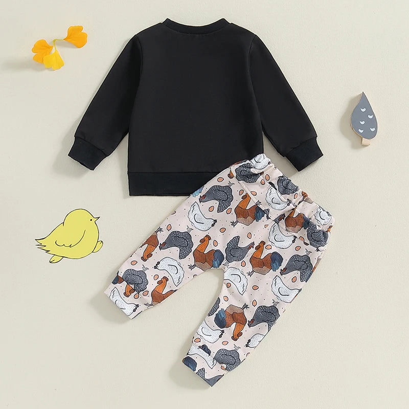 Baby Toddler Boys 2Pcs Chicken Nugs & Mama Hugs Autumn Outfit Long Sleeve Crew Neck Letter Print Top Chicken Print Pants Set