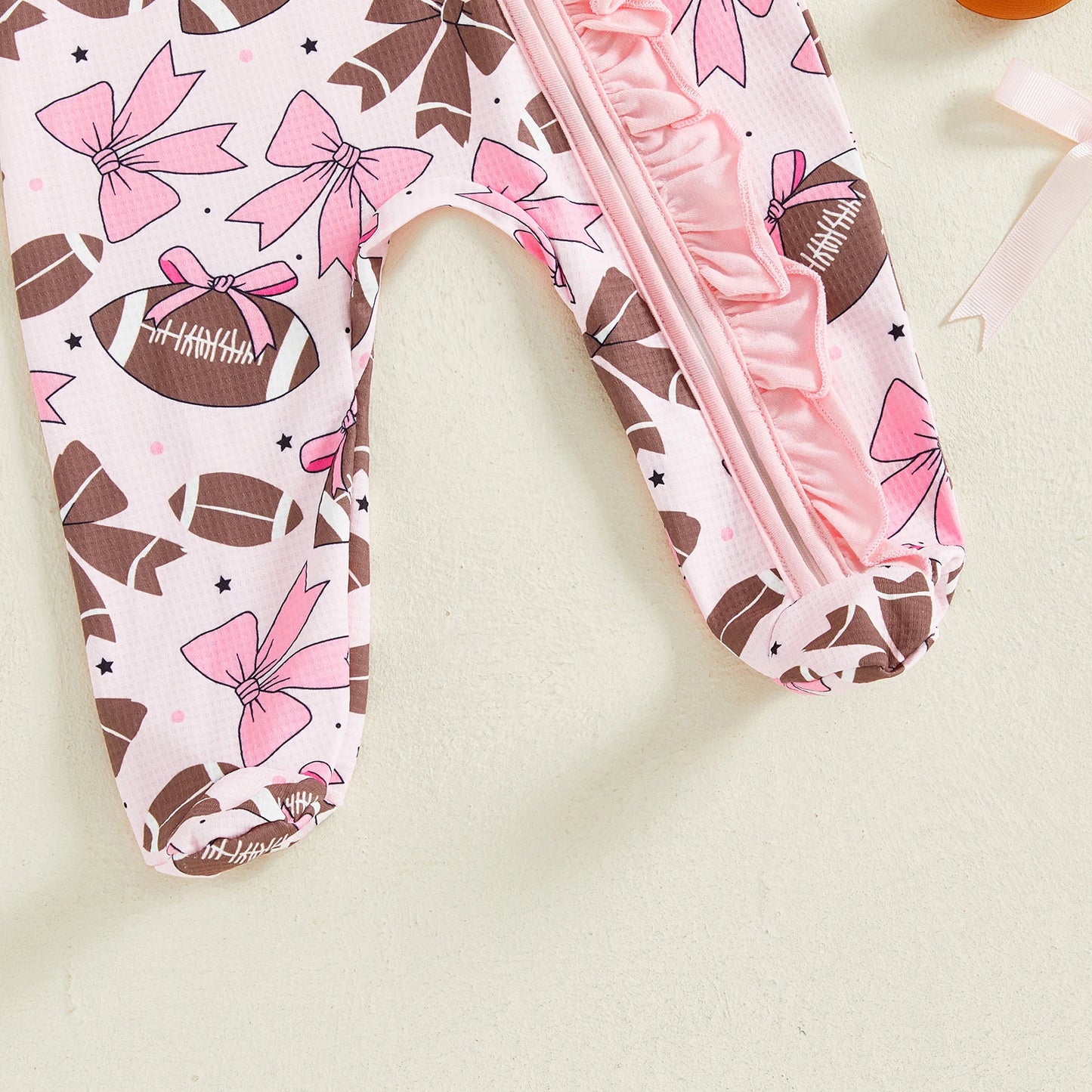 Baby Girl 2Pcs Footed Romper Fashionable Bow and Football Print Ruffled Long Sleeve Jumpsuit with Headband Set