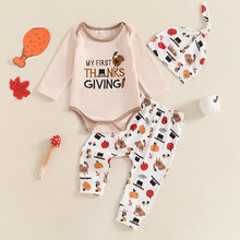 Load image into Gallery viewer, Baby Toddler Boys Girls 3Pcs My First Thanksgiving / Gobble Outfit Letter Turkey Print Long Sleeve Romper Long Pants Hat 3Pcs Clothes Set
