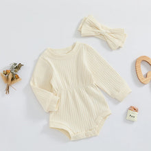 Load image into Gallery viewer, Baby Girls Spring Fall Solid Color Round Neck Long Sleeve Ribbed Romper Bow Headband Set
