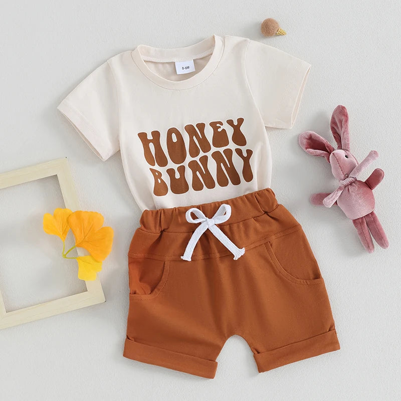 Baby Toddler Girls Boys 2Pcs Easter Clothes Set Hoppy Little Babe / Honey Bunny Letter Print Short Sleeve Top Solid Shorts Outfit