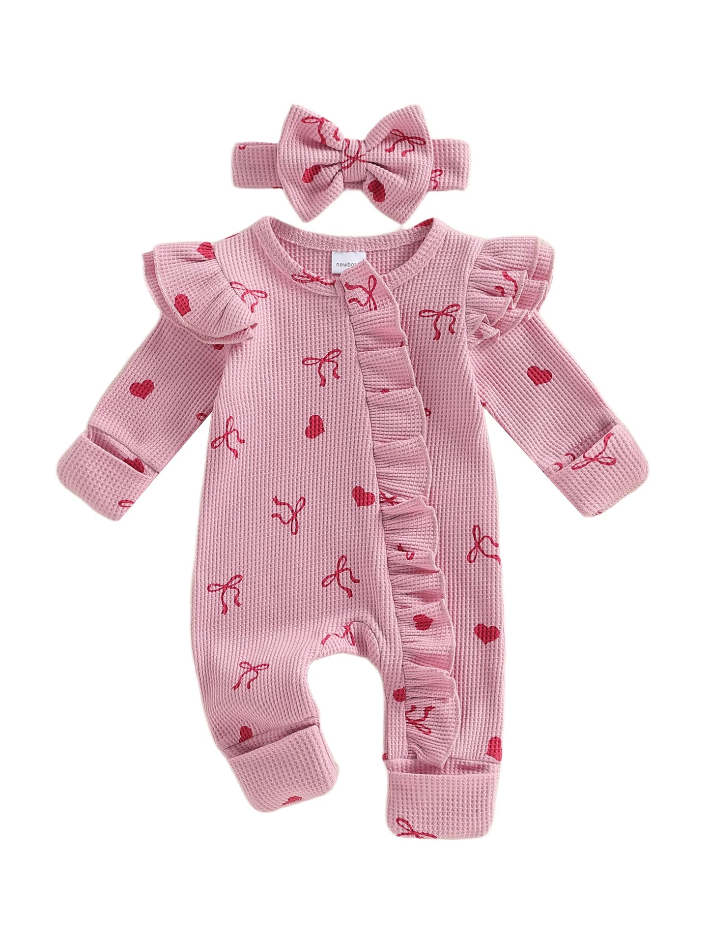Baby Girls 2Pcs Valentine's Day Romper Outfit Heart Print Ruffle Long Sleeve Jumpsuits Bow Headband Set