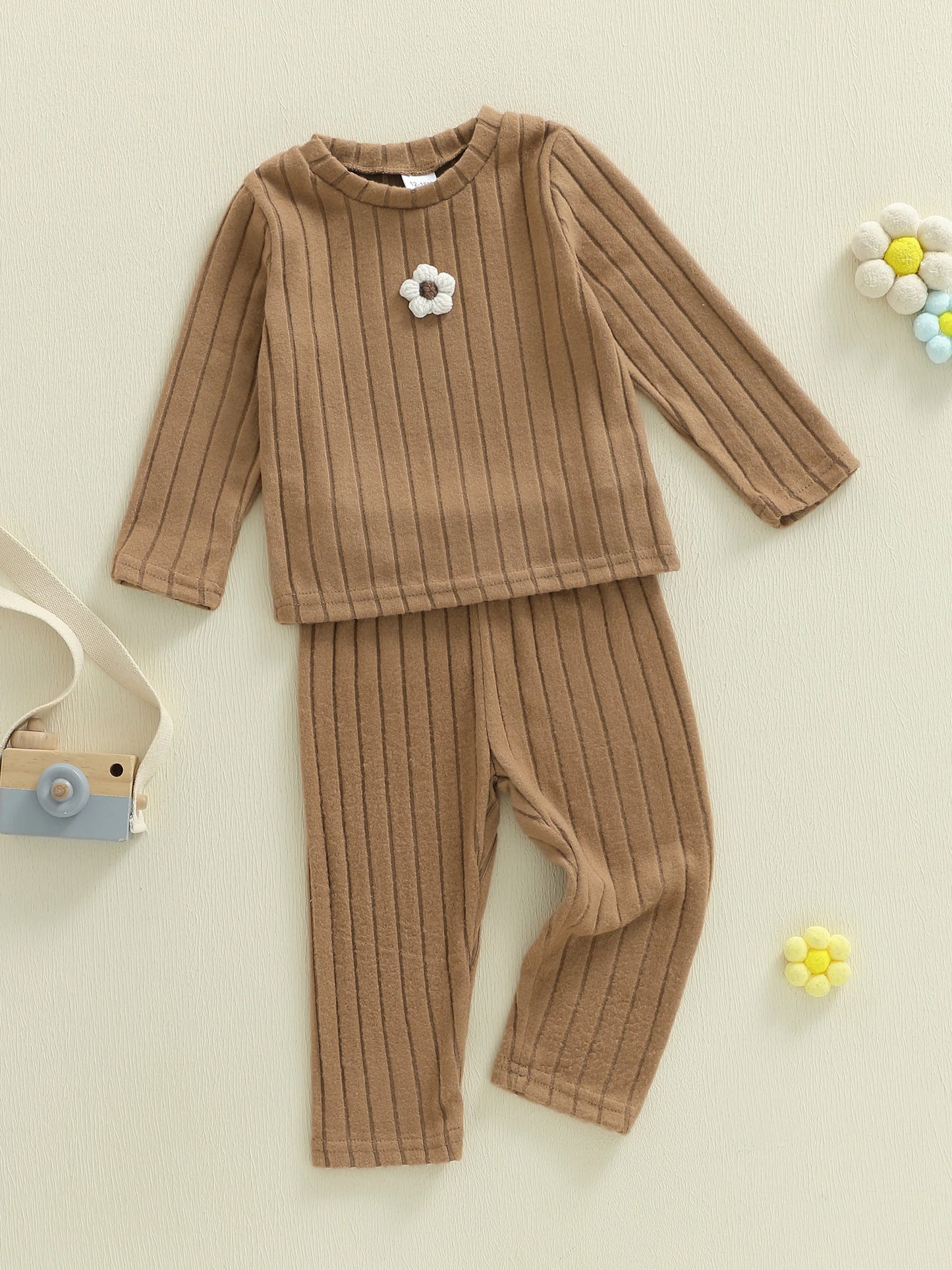 Baby Toddler Girls 2Pcs Clothing Set Long Sleeve Flower Top with Solid Color Pants Outfit