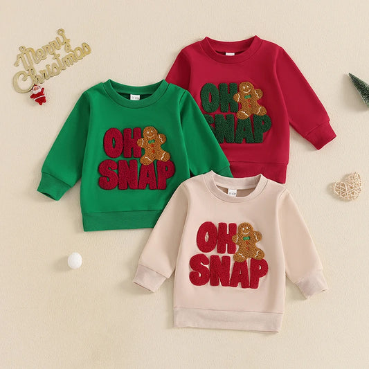 Baby Toddler Boys Girls Oh Snap Christmas Long Sleeve Round Neck Letter Gingerbread Man Embroidery Pullover Top