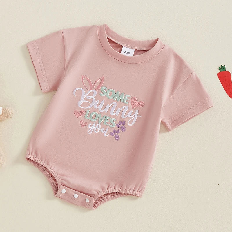 Baby Girls Boys Easter Jumpsuit Some Bunny Loves You / My 1st Easter / Happy Easter / Rabbits Embroidered Short Sleeve Bodysuit Romper