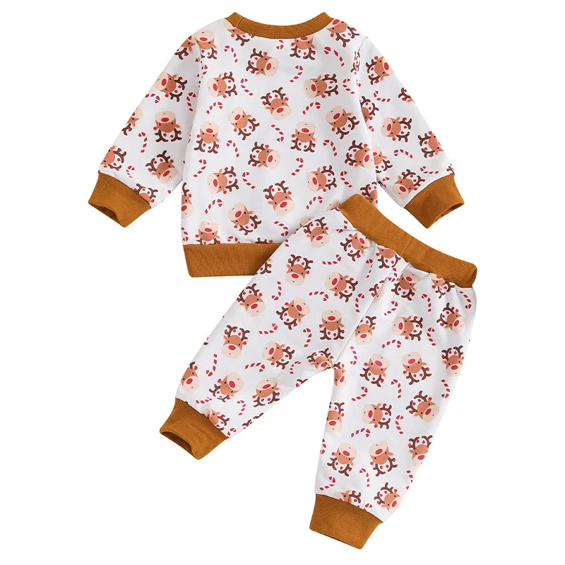 Baby Toddler Boys Girls 2Pcs Christmas Jogger Set Cartoon Reindeer Print Long Sleeve Crew Neck Top with Elastic Waist Pants Outfit