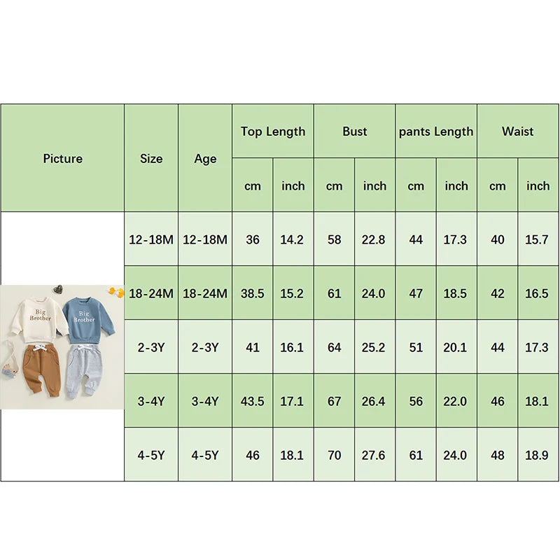 Toddler Kids Boys 2Pcs Big Brother Fall Outfit Letter Print Long Sleeve Crewneck Top and Long Pants Set