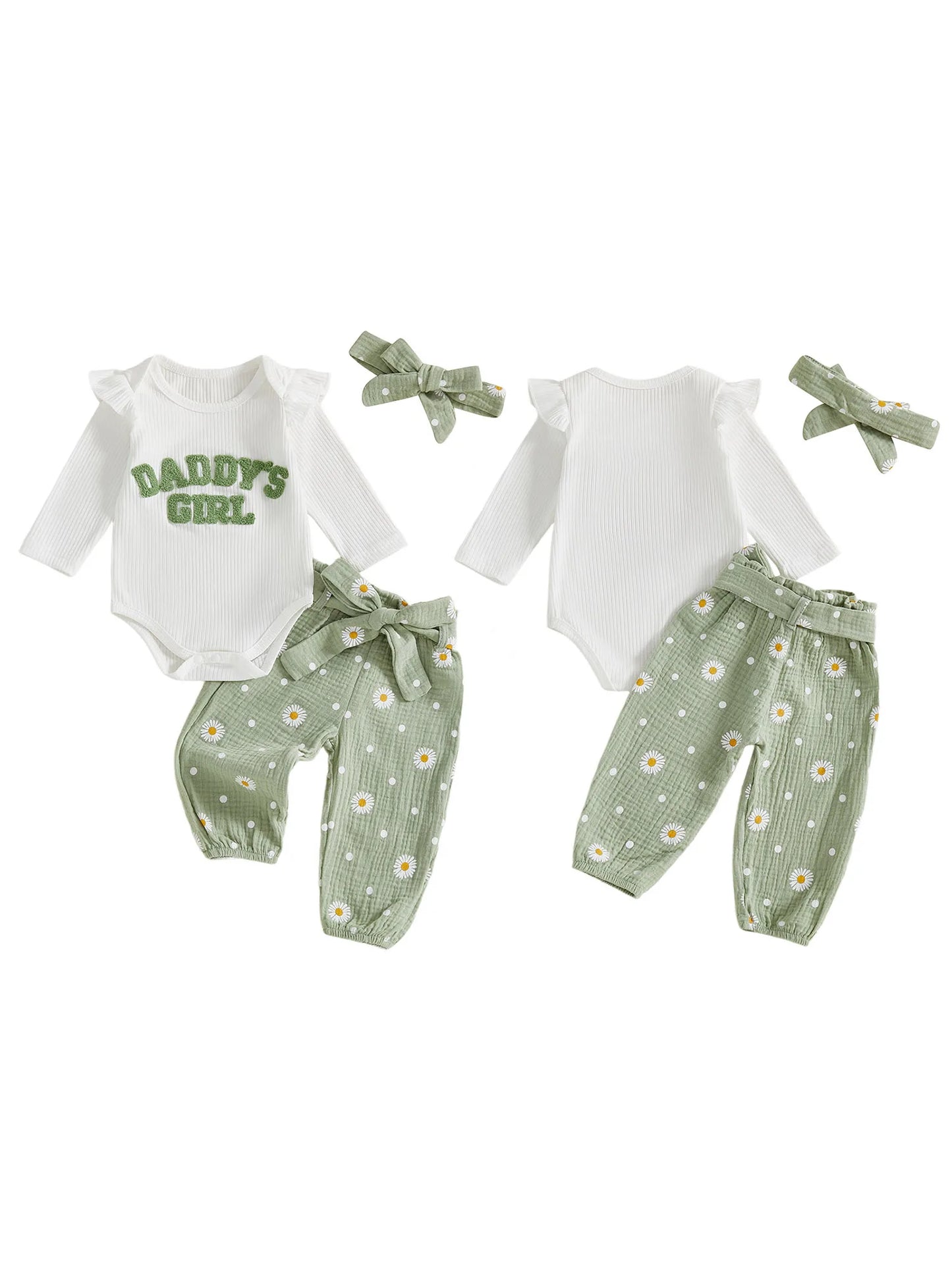 Baby Toddler Girls 3Pcs Daddy's Girl Fall Outfit Letter Embroidery Long Sleeve Romper Daisy Print Pants with Belt and Headband Set