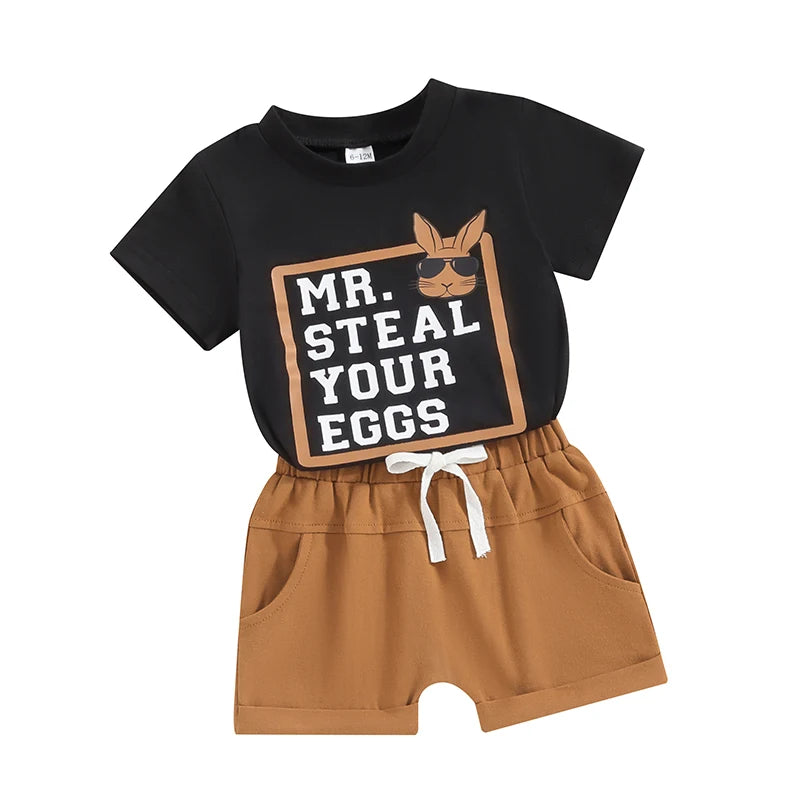 Baby Toddler Boy 2Pcs Easter Outfit Short Sleeve Mr. Steal Your Eggs Letters Rabbit Bunny Sunglasses Print T-shirt with Elastic Waist Shorts Set