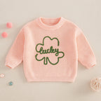 Baby Toddler Kids Boys Girls Lucky Knit Sweater Long Sleeve Round Neck Shamrock Letter Embroidery Pullover Spring St. Patrick's Day Top