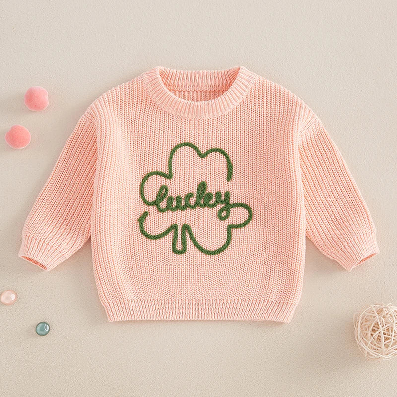 Baby Toddler Kids Boys Girls Lucky Knit Sweater Long Sleeve Round Neck Shamrock Letter Embroidery Pullover Spring St. Patrick's Day Top