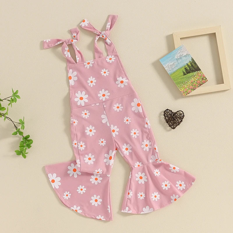 Baby Toddler Girls Summer Flare Leg Jumpsuit Daisy Flower Print Sleeveless Tie-Up Tank Top Bell-Bottoms Romper Overalls