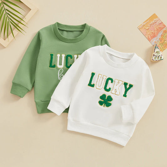 Toddler Baby Boys  Girls St. Patrick's Day Lucky Fuzzy Letter Shamrock Clover Leaf Embroidery Long Sleeve Round Neck Pullover Tops