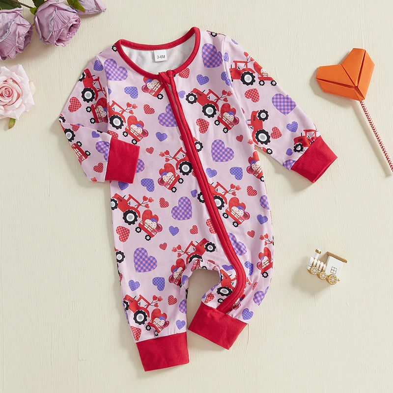 Baby Girl Valentine's Day Romper Heart Tractor Print Zipper Front Long Sleeve Full Length Valentines Jumpsuit