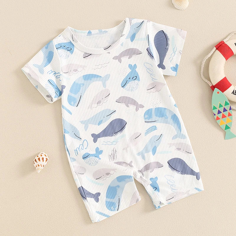 Baby Boys Girls Summer Casual Romper Short Sleeve Crew Neck Ocean Animal Whales Print Jumpsuit