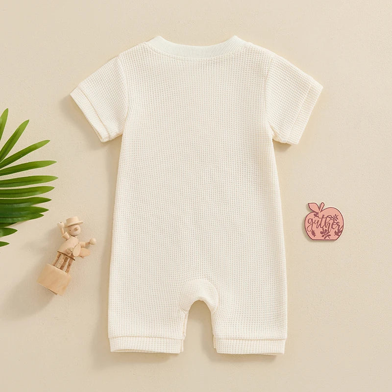 Baby Boy Girl Jumpsuit Summer Short Sleeve Solid Color Waffle Button Romper Playsuit