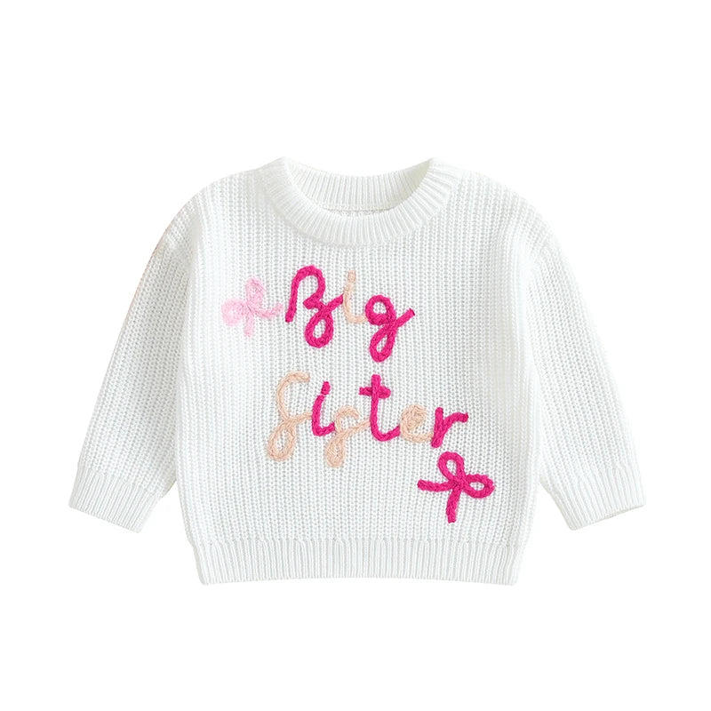 Baby Toddler Girls Lil/Big Sister Sweater Letter Bow Embroidery Crew Neck Long Sleeve Pullover Knit Top