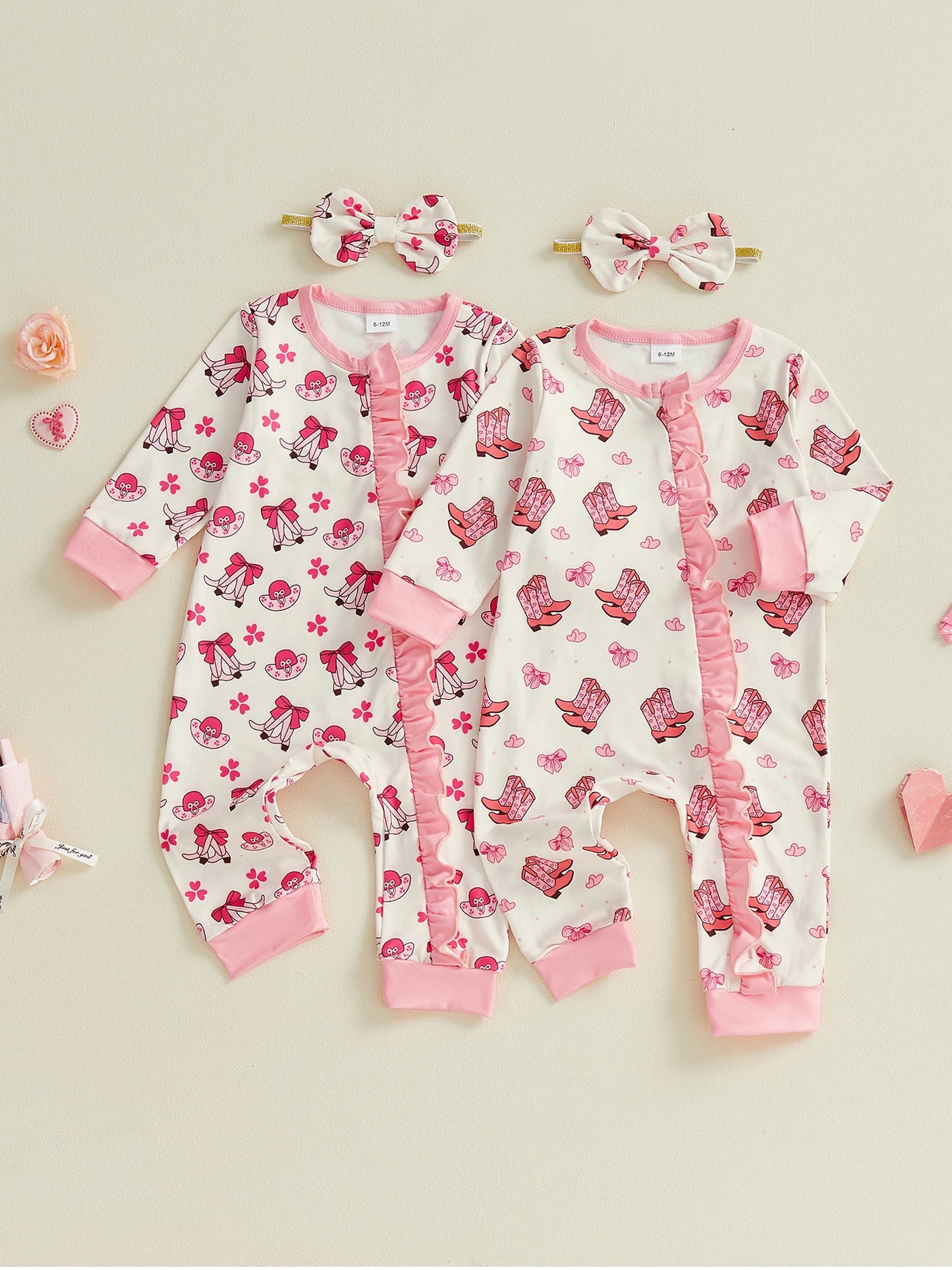 Baby Girls 2Pcs Western Bow Boot Print Long Sleeve Round Neck Zipper Romper Jumpsuit with Bow Headband Set