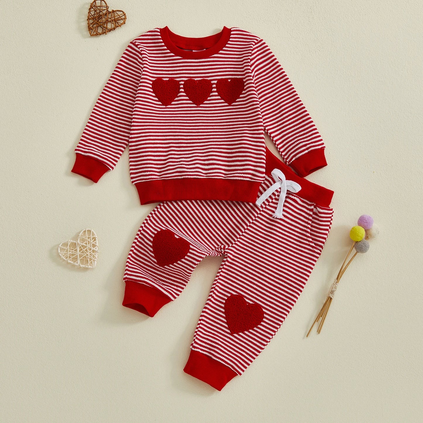 Baby Toddler Girls Boys XOXO Jogger Set Long Sleeve Striped Top with Heart Pants Valentines Day Clothes