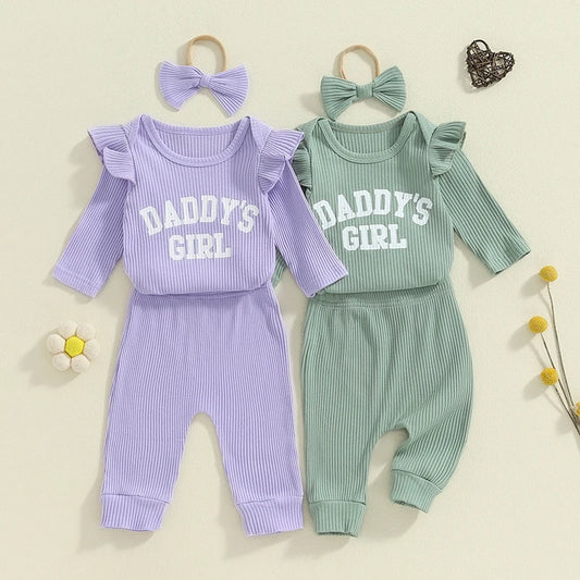 Baby Girls 3Pcs Daddy's Girl Fall Outfit Long Sleeve Letter Print Ribbed Romper + Pants + Headband Bow Set