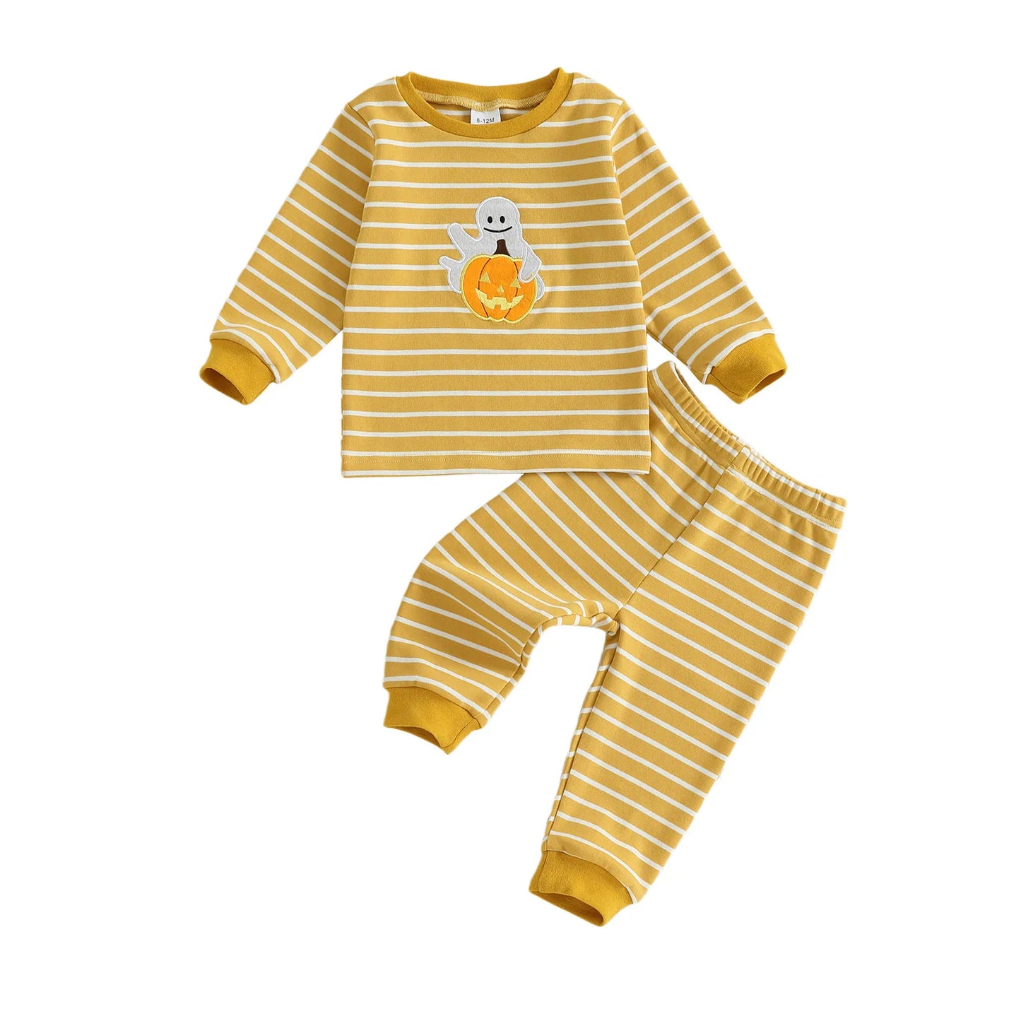 Baby Toddler Girls Boys 2Pcs Halloween Pajamas Set Long Sleeve Embroidery Pumpkin Ghost Top with Striped Pants Sleepwear