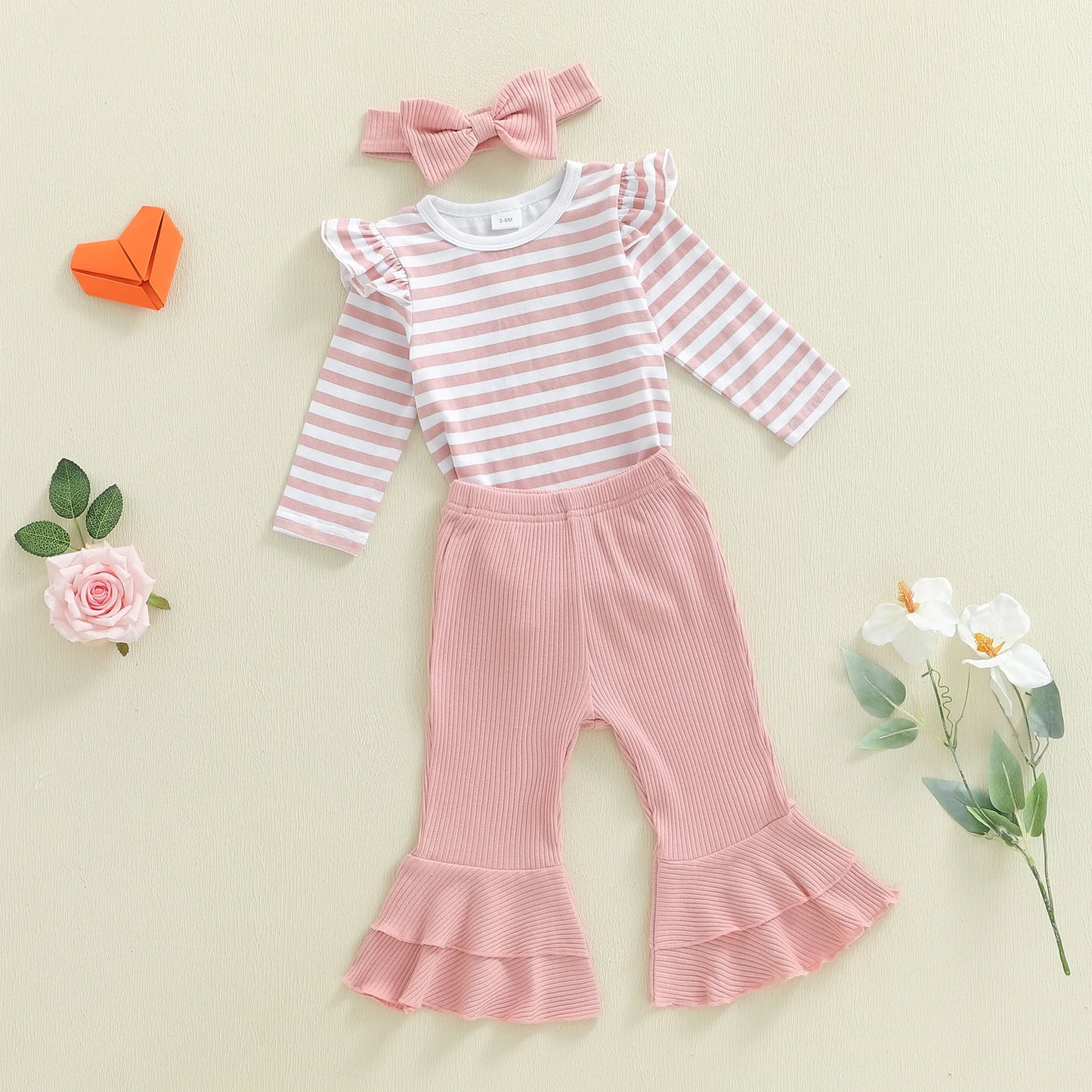 Baby Girls 3Pcs Spring Outfit Long Sleeve Striped Romper with Flare Pants and Headband Clothing Set