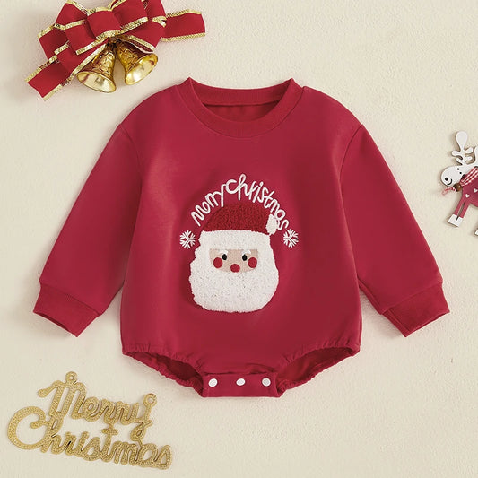 Baby Boys Girls Merry Christmas Bubble Romper Long Sleeve Crew Neck Santa Letters Embroidery Jumpsuit