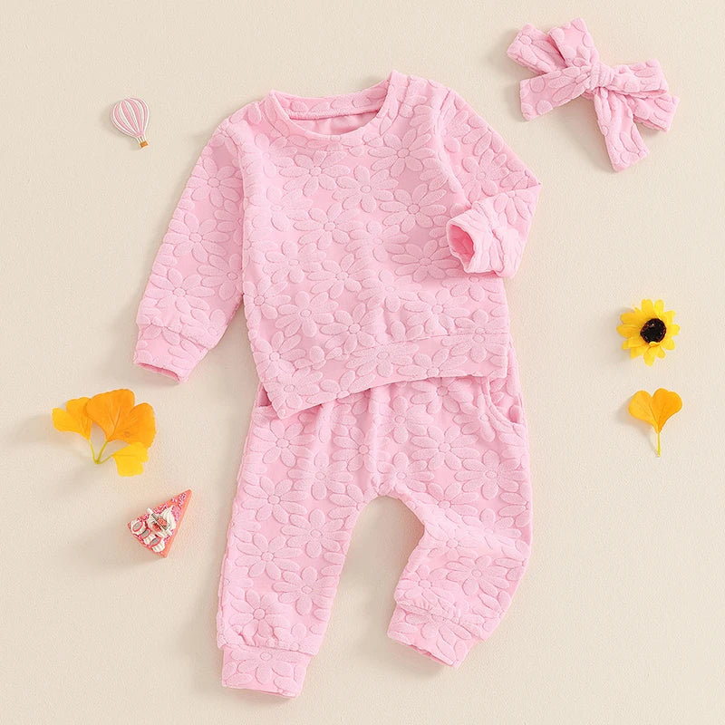 Baby Toddler Girls 3Pcs Fall Outfit Daisy Flower Embroidery Long Sleeve Top with Elastic Waist Pants Headband Set